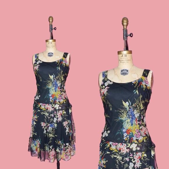 Y2K JONATHAN MARTIN Floral Print Drop Waist Tiered Ruffle Tie Dress. S. AS IS - Picture 1 of 10